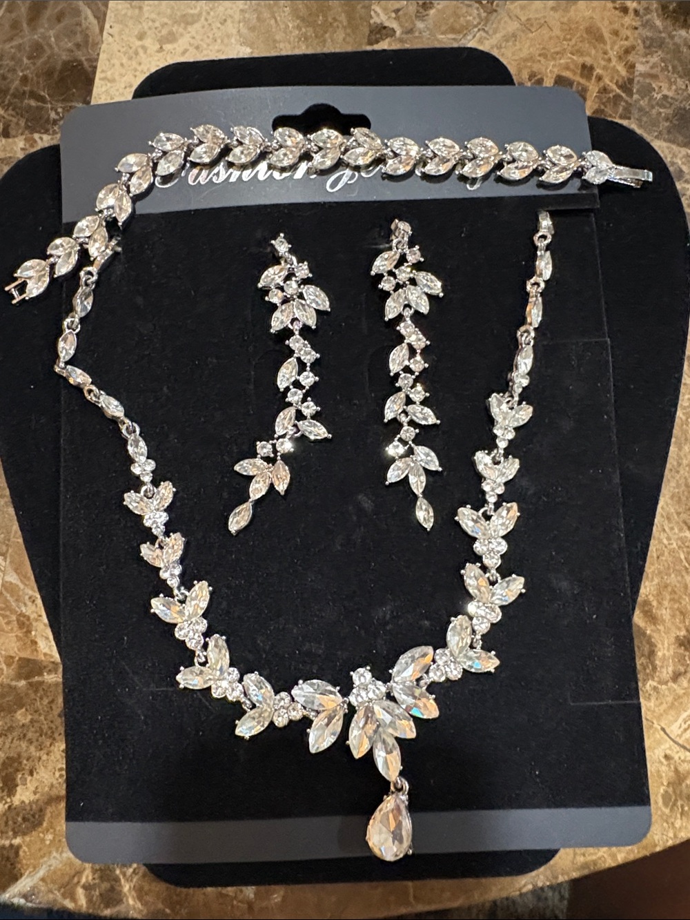 Sparkling Crystal Bridal Necklace,Bracelet & Earring Set - Silver Tone
